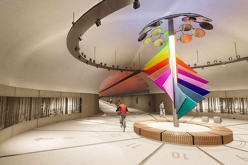 Fahrradtunnel Norwegen Der Fyllingsdal-Tunnel im norwegischen Bergen: Die Visualisierung zeigt einen Radfahrer in der Mitte des Tunnel, wie er an der Attraktion Sonnenuhr vorbeifährt.